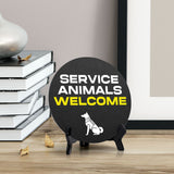 Service Animals Welcome Circle Table Sign with Acrylic Stand (5x5") | Public Spaces Signage