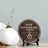 Door Automatically Locks Circle Table Sign with Acrylic Stand (5x5") | Patron Guest Comfort and Safety Sign