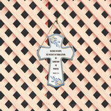 Rejoice in hope, be patient in tribulation, be constant in prayer. Romans 12:12 11.5" x 8" Cross Hanging Sign | Rustic Twine | Inspiring Religious Bible Decor