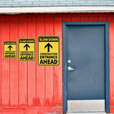Portrait Round Plus Slow Down Construction Entrance Ahead Wall or Door Sign | Health And Safety Signage