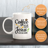 Coffee Gets Me Started Jesus Keeps Me Going 11oz Plastic or Ceramic Mug | Funny Coffee Cups