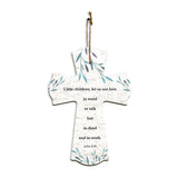 Little children, let us not love in word or talk but in deed and in truth. John 3:18 11.5" x 8" Cross Hanging Sign | Rustic Twine | Inspiring Religious Bible Decor