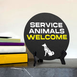Service Animals Welcome Circle Table Sign with Acrylic Stand (5x5") | Public Spaces Signage