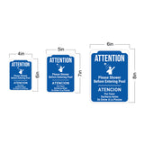 Portrait Round Plus Attention Please Shower Before Entering Pool Atencion Por Favor Ducharse Antes De Entrar A La Piscina Wall or Door Sign | Indoor Gym Signage