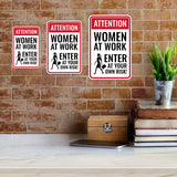 Portrait Round Plus Attention Women At Work Enter At Your Own Risk! Wall or Door Sign | Easy Installation | Funny Novelty Imitation Warning Signs