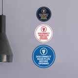 Circle Disconnect Main Plug Before Opening Wall or Door Sign
