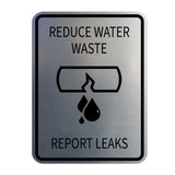 Signs ByLITA Portrait Round Reduce Water Waste: Report Leaks Door or Wall Sign Durable ABS Plastic | Laser Engraved | Easy Installation | Kitchen | Hygiene