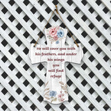 He will cover you with his feathers, and under his wings you will find refuge Cross Hanging Sign | Rustic Twine | Inspiring Religious Bible Decor