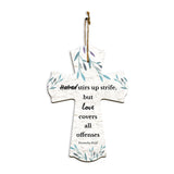 Hatred stirs up strife, but love covers all offenses Proverbs 10:12 11.5" x 8" Cross Hanging Sign | Rustic Twine | Inspiring Religious Bible Decor
