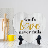 Signs ByLITA Heart God's love never fails, Wood Color, Table Sign (6"x5")