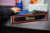 Piano Finished Rosewood Novelty Engraved Desk Name Plate 'Boss', 2" x 8", Black/Gold Plate