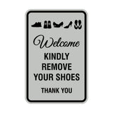 Portrait Round Welcome Kindly Remove Your Shoes Thank You Sign with Adhesive Tape, Mounts On Any Surface, Weather Resistant