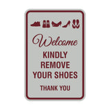 Portrait Round Welcome Kindly Remove Your Shoes Thank You Sign with Adhesive Tape, Mounts On Any Surface, Weather Resistant